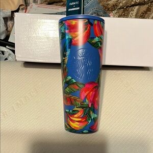 Starbucks Farm Rio Blue and Red Floral Cold Metal Tumbler
